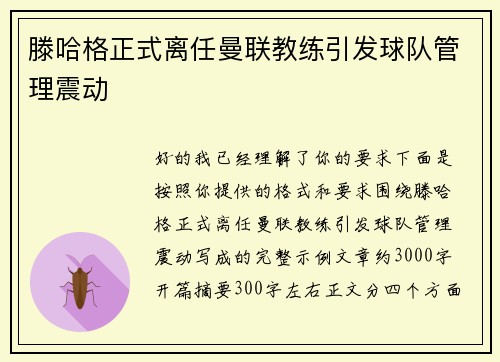 滕哈格正式离任曼联教练引发球队管理震动 滕哈格正式离任曼联教练引发球队管理震动